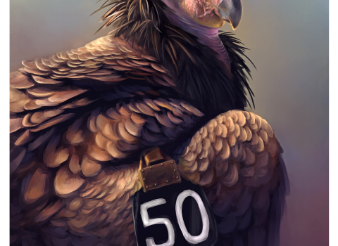 a painting of a California condor looking at the viewer wearing a "50" wing tag