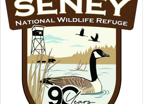 A shield logo showing the words Seney National Wildlife Refuge at the top. Centered in the logo is a Canada goose floating in the water with the words 90 years 1935 - 2025. In the background a fire tower stands, a black bear mother and two cubs walk along the edge of the pool, and two sandhill cranes in flight fly overhead.