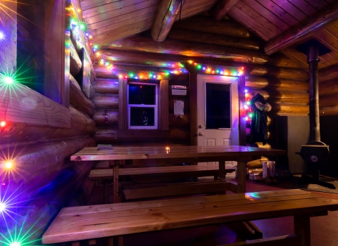 Colored lights decorate the cozy interior of the Dolly Varden log public use cabin at Kenai Refuge on Dolly Varden Lake.
