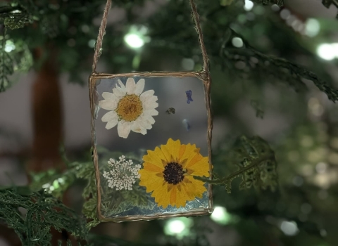 Homemade pressed flower ornament on tree