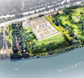 Oblique view of restoration site next to the Willamette River with artist rendition of vegetation and new water channels.
