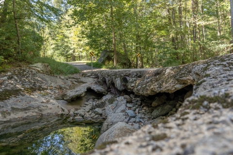A stream crossing sags into the water. Debris clogs up around culverts passing under the bridge. 