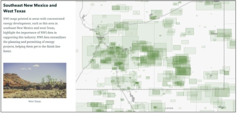 NWI maps printed near oil development in southeast New Mexico and western Texas.