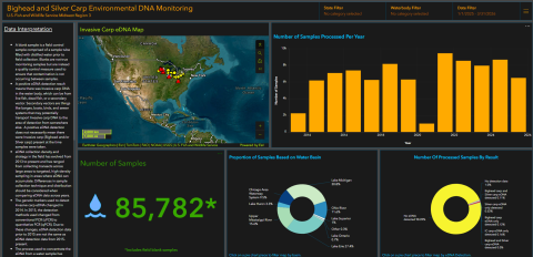 A screenshot of the bighead and silvercarpeDNA dashboard. It shows the number of samples a map of where samples were collected, a graph of samples processed per year, a pie chart of proportion of samples based on water basin and by result.