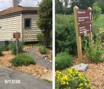 A photo of the current Montezuma NWR Visitor Center (tan building with brown roof) and garden path.