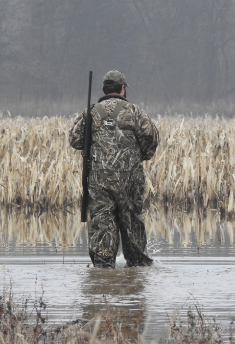 Two hunters in camo walking through water.