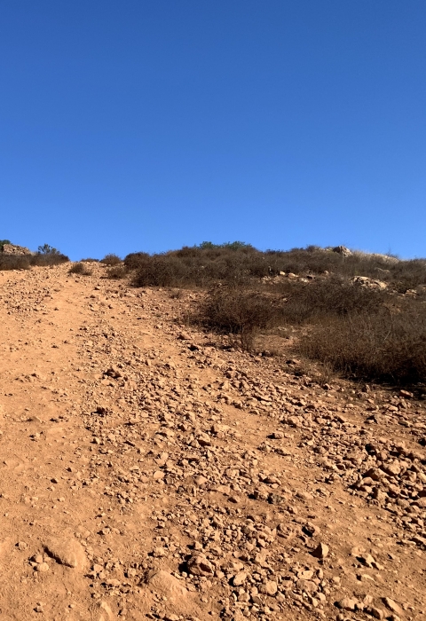 Man on the left of photo hikes up a steep, rocky trail.