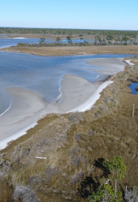 An eastward view of St. Andrews Bay and the Fort Morgan Peninsula in coastal Alabama.