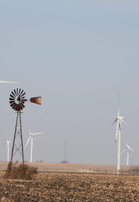 Wind turbines in an agricultural field in northwest Indiana.