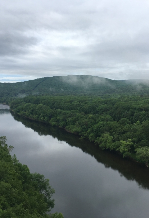 A view of a rolling hills and a river