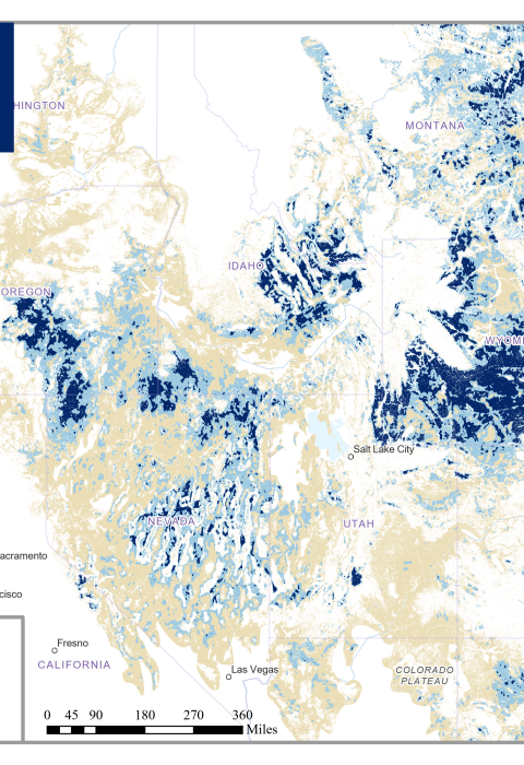 sagebrush habitat in the western US, identified as "core sagebrush areas," "growth opportunity areas," and "other rangeland areas"