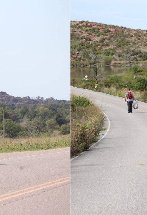 2 photos of people on road with trash bags