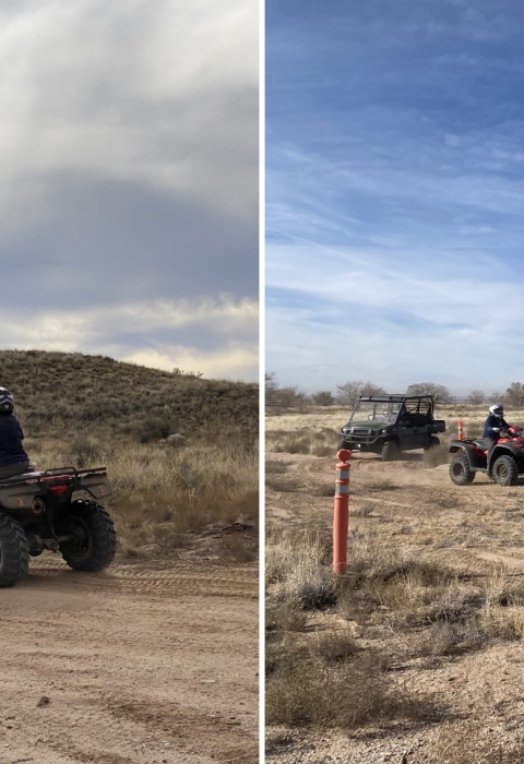 2 photos: On left, UTV riders head uphill; on right, UTV riders on obstacle course