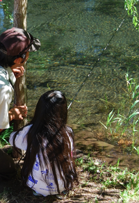 Adult and child fishing, crouched along the bank, looking out into the water