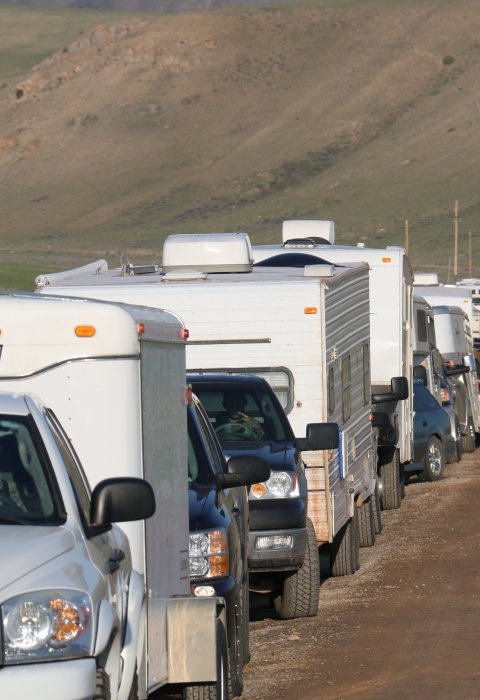 A long line of vehicles forms at National Elk Refuge on opening day of the shed antler hunt season.