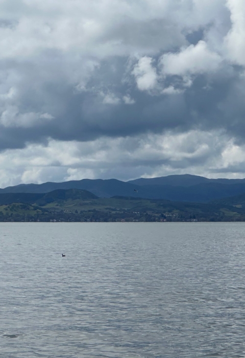 A slightly rippling lake is surrounded by blue and green hills. The sky has large clouds