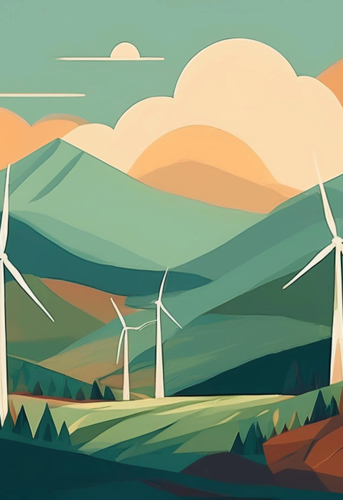 Flat design graphic of wind turbines in the Ozark Mountains