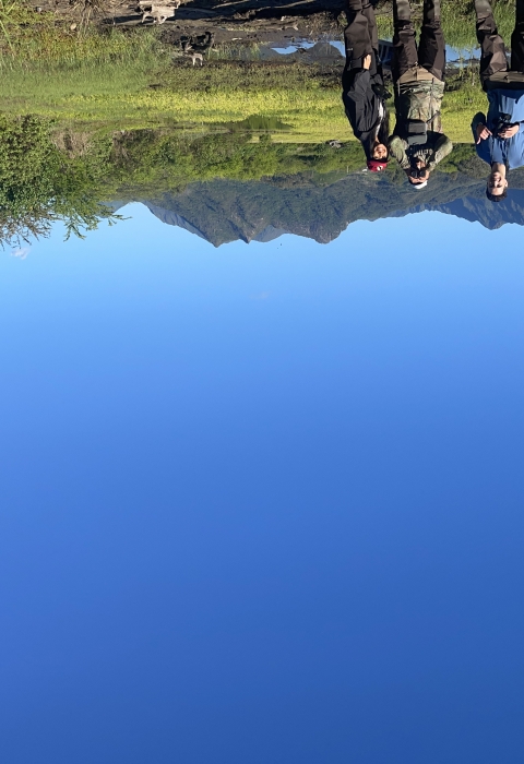 Pacific Fish and Wildlife Office biologists stand in the wetlands of Bellows Air Force Base. The mountains behind them are dark green and peak up like sentinels, while the wetlands are a lighter hue of green that contrast like the ocean and sky against the mountains. 