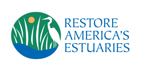 Logo for Restore America's Estuaries. A circle with stylistic estuary scene