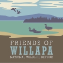 A logo with mountains and water with birds in shades of blue and brown. The words "Friends of Willapa National Wildlife Refuge" are visible.