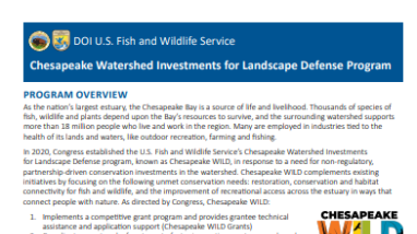 An image of the front page of a document with text and a map of the Chesapeake Bay watershed