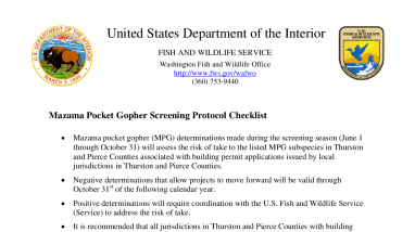 Mazama Pocket Gopher Screening Protocol Checklist