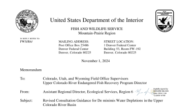 Revised Consultation Guidance for De minimis Water Depletions in the Upper Colorado River Basin