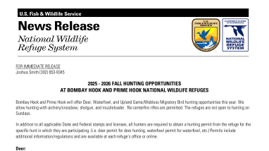 2025 -26 Bombay Hook Hunting Press Release