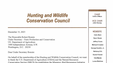 Letter to USDA Under Secretary Robert Bonnie regarding the Migratory Bird Resurgence