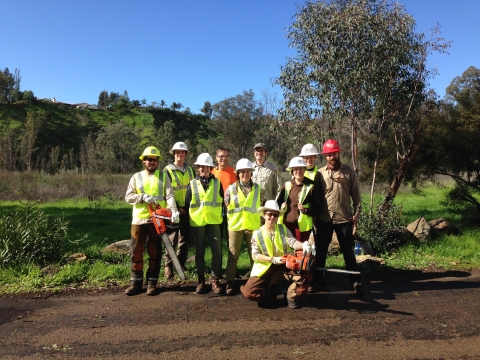 Multiple people in yellow safety vests and power tools pose for photo