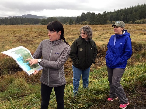 three people standing in a field. one person is holding a map explaining information about the site.