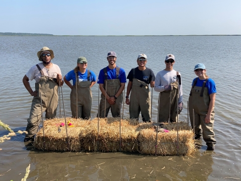 Refuge biologist Vinny Turner and biological interns work to establish an erosion 