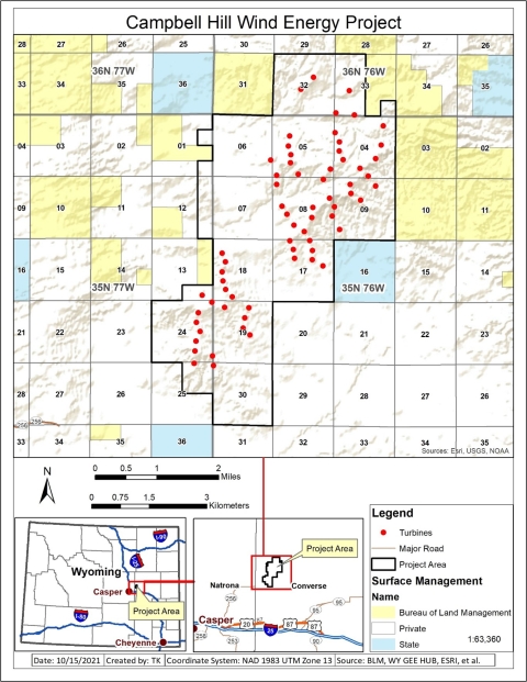Campbell Hill Wind Power project boundary, wind turbines, surface management, and section, township, and range