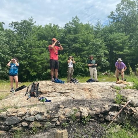 a group of people stand outside holding up binoculars. They're standing on a large embedded rock with trees in the background