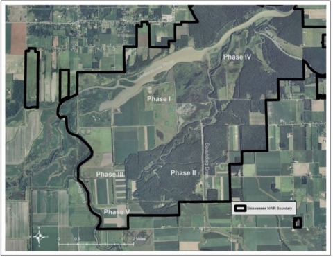 Satellite image of Shiawassee Refuge shows the locations of Phases 1 through 5 of a hydrology project.