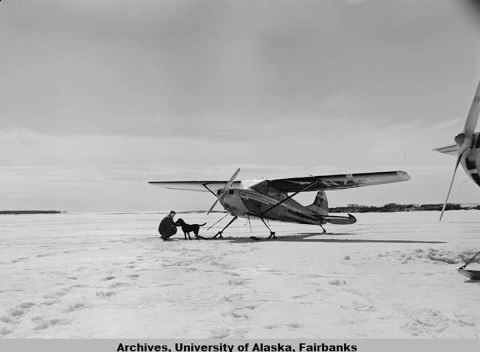 Photograph shows a man kneeling petting a dog. They are next to an airplane.