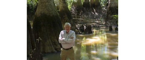 Landowner Dink Nesmith poses in front of a cypress swamp.
