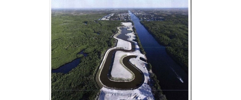 An aerial view the manatee refugium and Faka Union Canal with Port of the Islands Marina and Picayune Strand Restoration Project to the north.