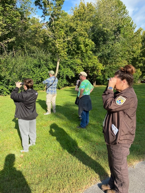 People standing in front of tree line with binoculars held to their faces
