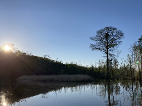 Sun setting over James River