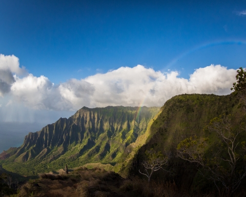 A view of mountains on Kauai where the mitigation site is. The clouds break behind the mountain cliffs and a rainbow arches in front.