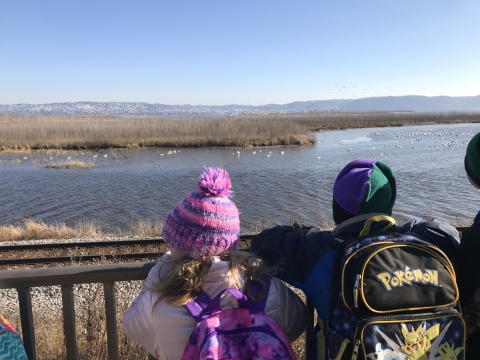 Students in winter gear stand in front of a railing over looking the Mississippi River