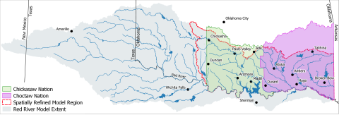 Color-coded map of lands of the Chickasaw Nation and Choctaw Nation of Oklahoma that overlap the Red River Basin