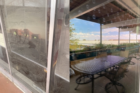 side by side image with dirty soapy windows on the left and dot patterns on the right