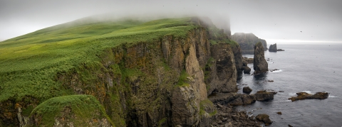 Panorama view of steep cliffs with green tundra