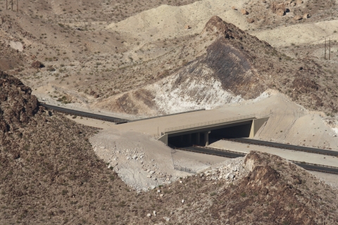 Aerial view of a highway overpass in the desert