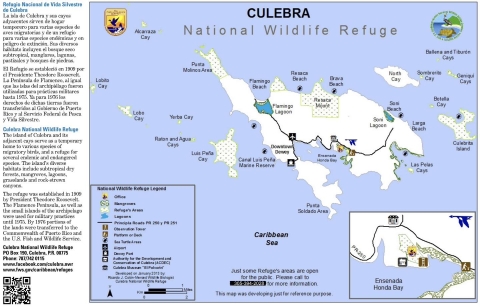 Map of Culebra National Wildlife Refuge featuring general information about the refuge, trails, and activities.