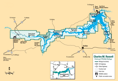 Map showing rads and recreation areas around Charles M. Russell NWR
