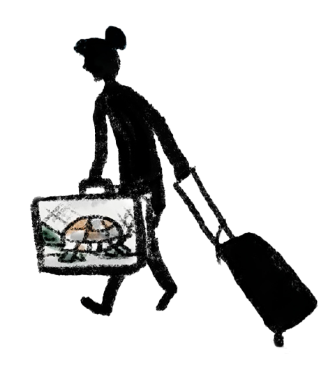 cartoon of a woman silhouette in black walking with a suitcase in one hand and a turtle in a carrier in the other