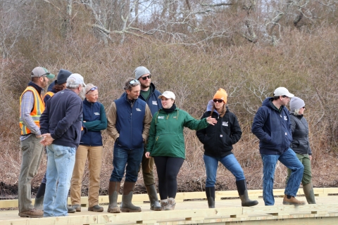 a group of people stands on a wooden boardwalk with leafless trees behind